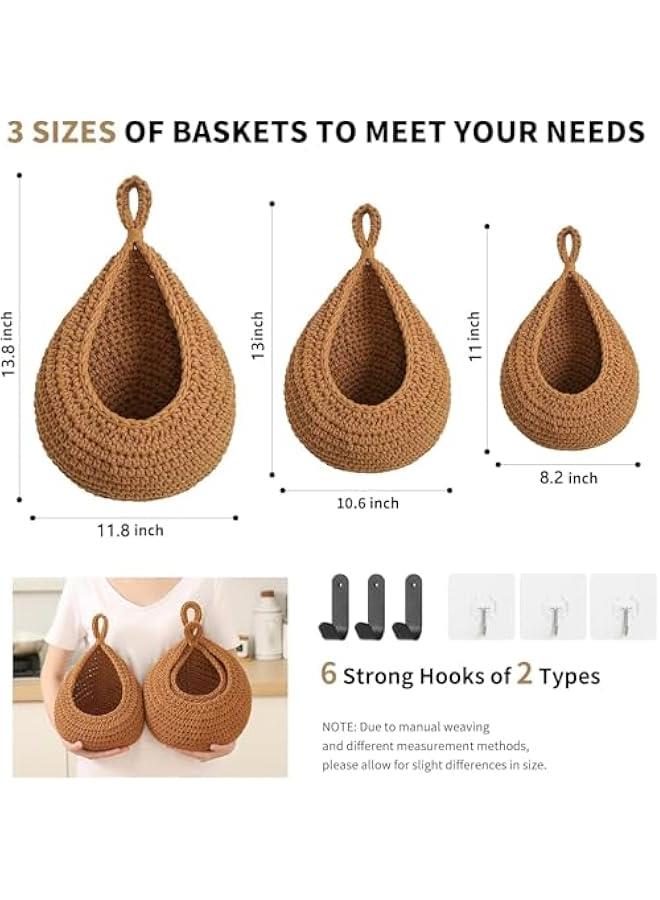 HOOKOR Hanging Fruit Baskets for Kitchen, 3 Pack Boho Wall Hanging Fruit Baskets for Kitchen with 6 Pcs Strong Hooks, Vegetable Hanging Basket for Organizing Teardrop Home Wall Potato Onion (Caramel) - Image 4