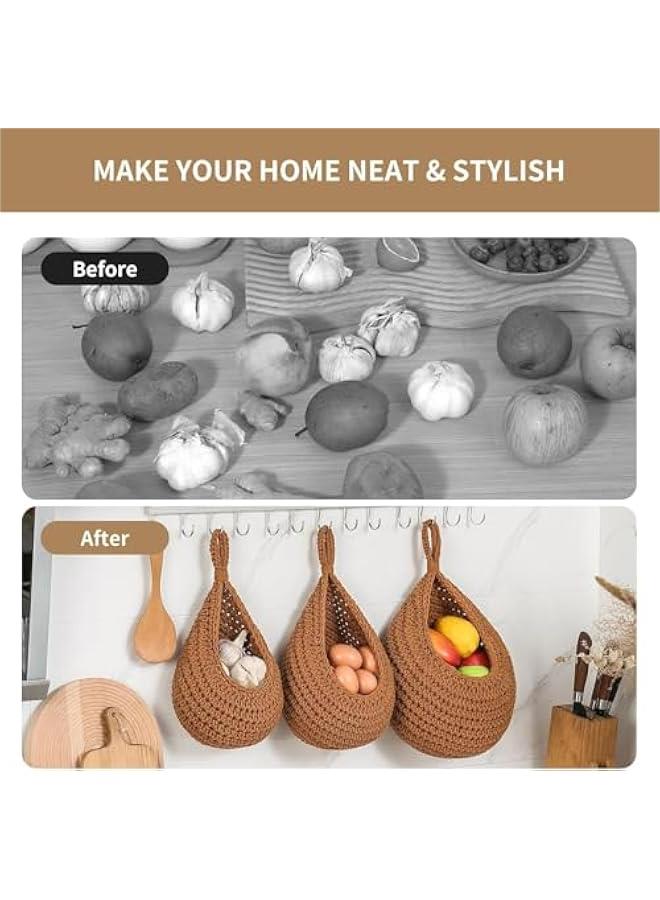 HOOKOR Hanging Fruit Baskets for Kitchen, 3 Pack Boho Wall Hanging Fruit Baskets for Kitchen with 6 Pcs Strong Hooks, Vegetable Hanging Basket for Organizing Teardrop Home Wall Potato Onion (Caramel) - Image 5