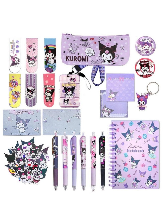 HASTHIP HASTHIP® 23Pcs Kawaii Kuromi School Supplies Set, Kawaii Stationeries Set with Notebook Pencil Pouch, Click Pens, Card Holder, Book Markers, 50Pcs Kuromi Stickers, Note Stickers, Girls School Gift Set  - Image 1