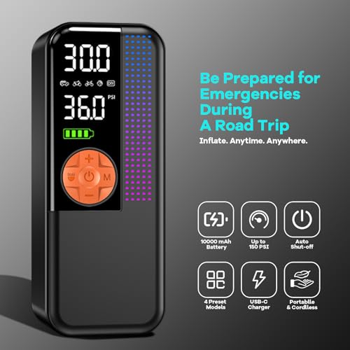 WEOLULI Tire Inflator Portable Air Compressor,150 PSI Cordless Air Pump, 12V DC Car Plug,Dual Power 10000mAh, Fast Inflation 24L/Min, 4 Preset Modes for Car, Bike, Motorcycle, Balls(Orange, 10000mAh) - Image 2