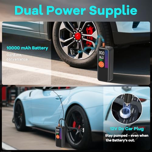 WEOLULI Tire Inflator Portable Air Compressor,150 PSI Cordless Air Pump, 12V DC Car Plug,Dual Power 10000mAh, Fast Inflation 24L/Min, 4 Preset Modes for Car, Bike, Motorcycle, Balls(Orange, 10000mAh) - Image 4