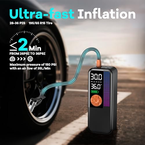 WEOLULI Tire Inflator Portable Air Compressor,150 PSI Cordless Air Pump, 12V DC Car Plug,Dual Power 10000mAh, Fast Inflation 24L/Min, 4 Preset Modes for Car, Bike, Motorcycle, Balls(Orange, 10000mAh) - Image 3
