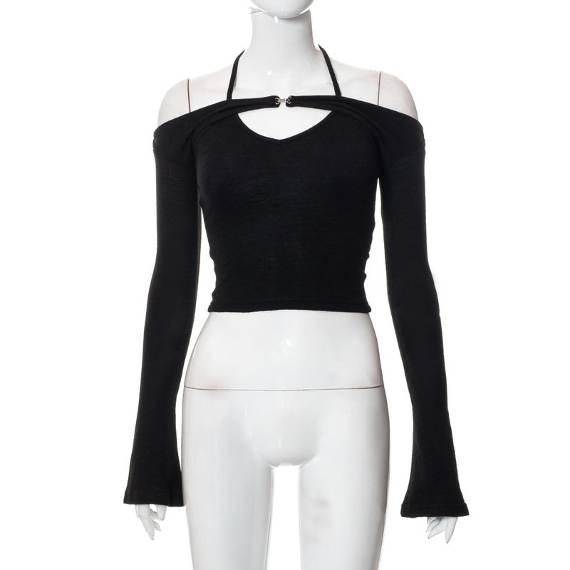 Foreign Trade New Solid Color Lace-up Neck Hanging Chic Pure Desire Style Pullover Long Sleeve Casual European and American Womens Two-piece Jacket Black