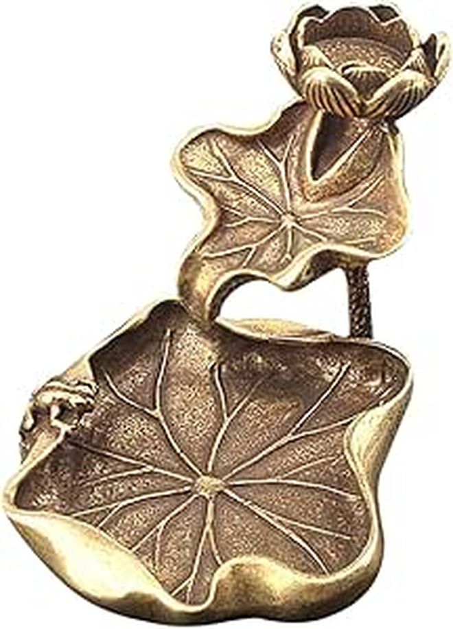 Solid Brass Lotus Incense Holder with Leaf Base for Meditation Home Fragrance Accessory - Image 1