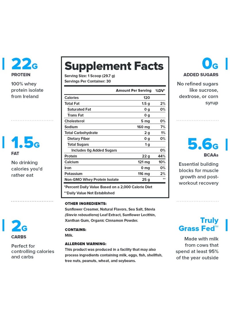 Legion Athletics Whey+ Whey Protein Powder, Grass Fed Whey Protein Isolate, Naturally Sweetened and Flavored, No Added Sugars, 22 grams Per Serving, 891grams, 30 Servings - Cinnamon Cereal  - Image 3
