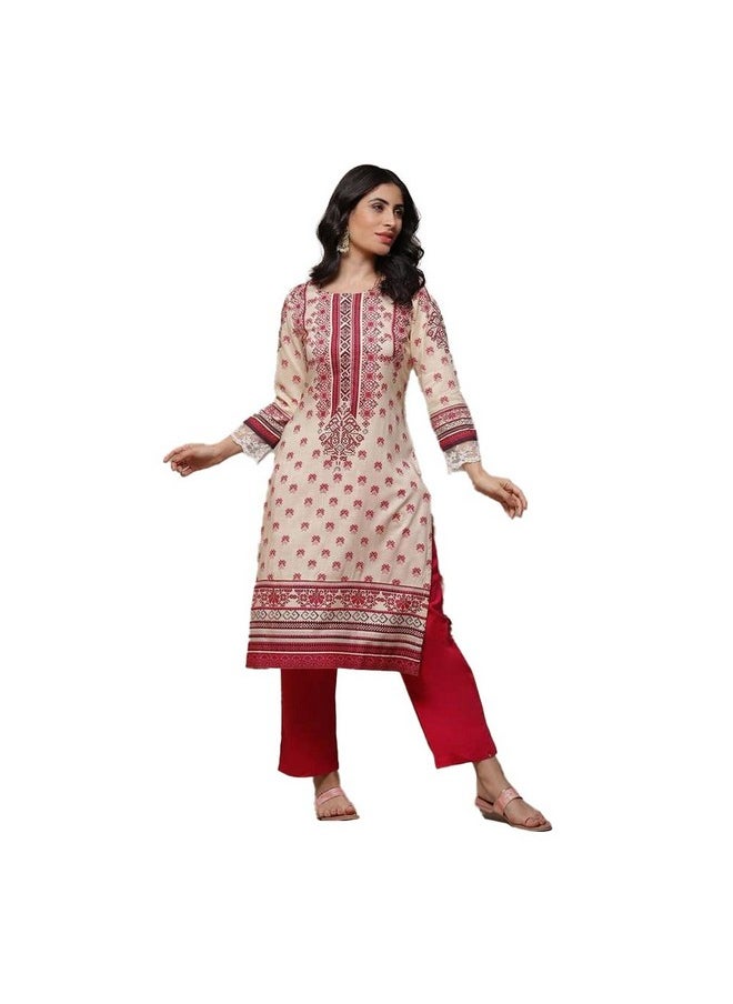 Biba BIBA Printed Rayon Round Neck Women's Kurta (Pink,Size_32)  - Image 1