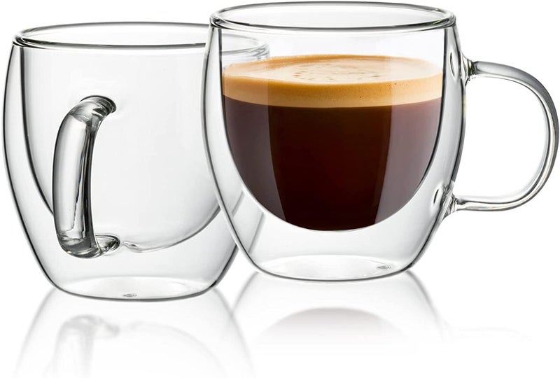 HAKKU Double Wall Insulated Glass Coffee Mugs with Handle Set of 2 | 250ml | Everyday Drinking Tea Cups Perfect for Latte, Espresso, Cappuccinos, Tea Bag, Hot & Cold Beverage (2, 250ML) - Image 1