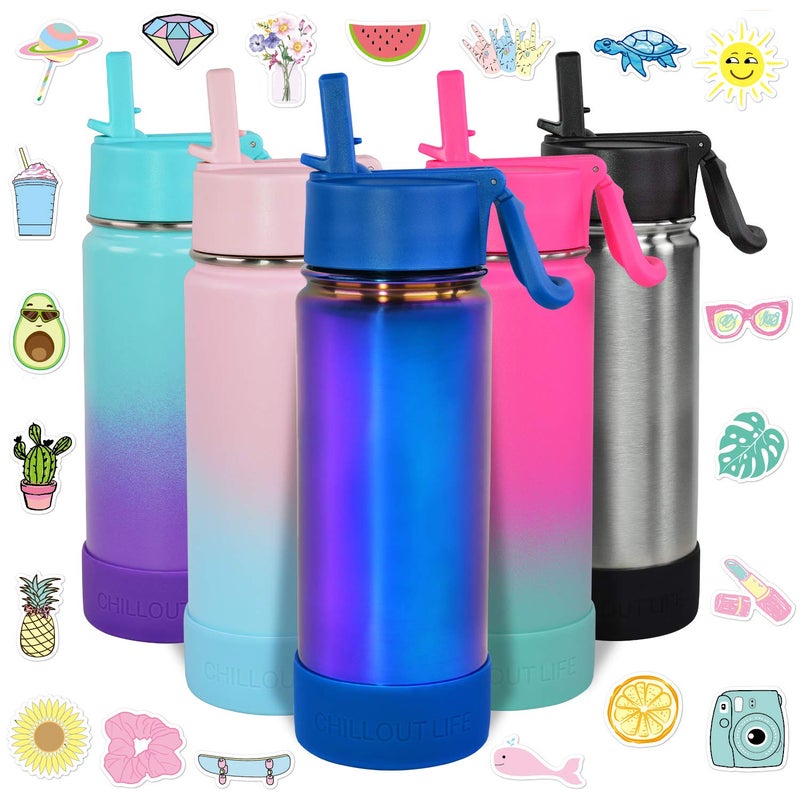 CHILLOUT LIFE 17 oz Kids Insulated Water Bottle for School with Straw Lid Leakproof and Cute Waterproof Stickers Personalized Stainless Steel Thermos Flask Metal Water Bottle Dishwasher Safe Color