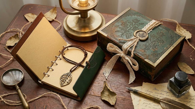EvZ 5 Inch Mini Vintage Leather Journal, Pocket Size Refillable Loose Leaf Notebook, Retro Dark Green PU Cover with Metal Leaf Pendant, Blank Kraft Paper Small Travel Diary & Sketchbook - Image 5