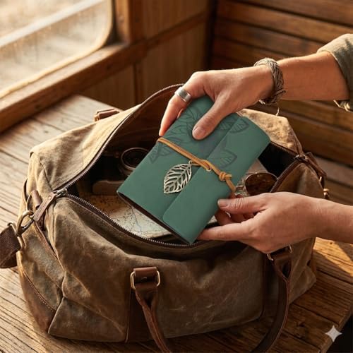 EvZ 5 Inch Mini Vintage Leather Journal, Pocket Size Refillable Loose Leaf Notebook, Retro Dark Green PU Cover with Metal Leaf Pendant, Blank Kraft Paper Small Travel Diary & Sketchbook - Image 4