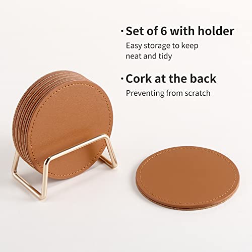 CASEGRACE Drink Coasters with Metal Holder Stand Set of 6, PU Leather Absorbent Coasters with Cork Base Table Coaster Set Decorative Coffee Cup Coasters Housewarming Gift for Home Decor - Image 4