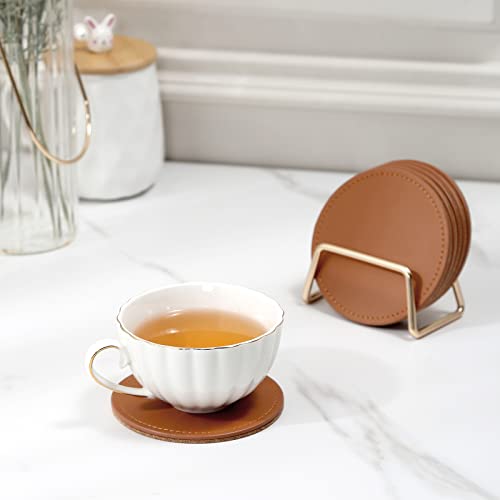 CASEGRACE Drink Coasters with Metal Holder Stand Set of 6, PU Leather Absorbent Coasters with Cork Base Table Coaster Set Decorative Coffee Cup Coasters Housewarming Gift for Home Decor - Image 5