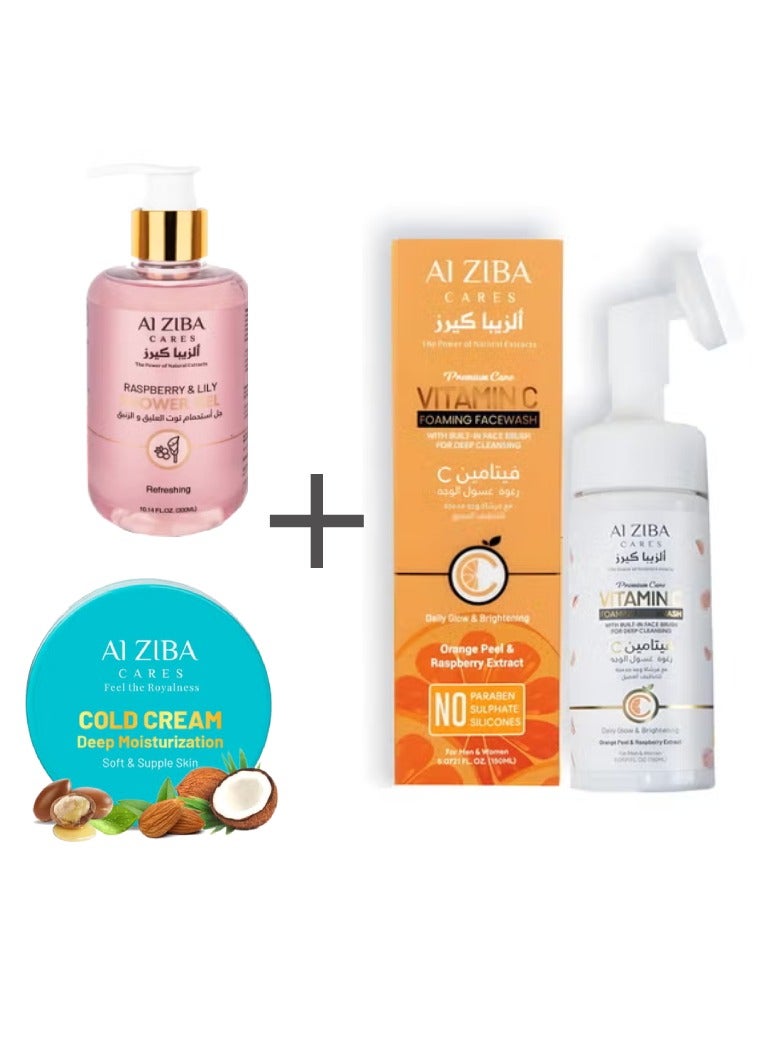 ALZIBA CARES Foaming Face Wash 150ml + Raspberry Shower Gel 300ml + Ultra Care Moisturizing Cream 50g - Image 1