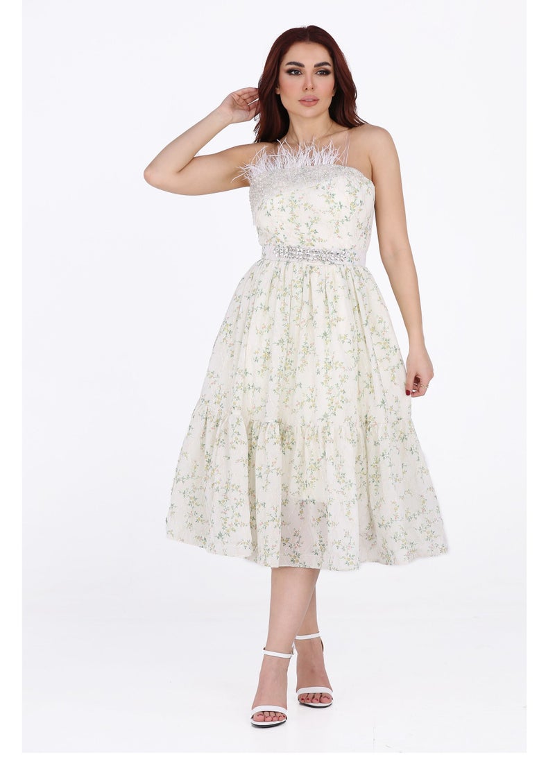 Modern Design A floral midi top dress with an elegant pattern, distinguished by the touch of feathers in the chest, beautiful with crystals at the waist, and full of femininity, distinguished by your wonderful look  - Image 1