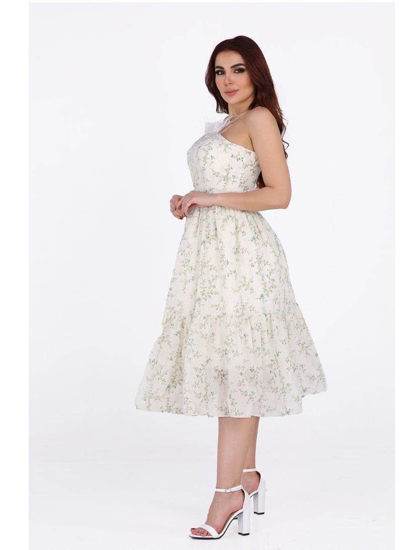 Modern Design A floral midi top dress with an elegant pattern, distinguished by the touch of feathers in the chest, beautiful with crystals at the waist, and full of femininity, distinguished by your wonderful look  - Image 2