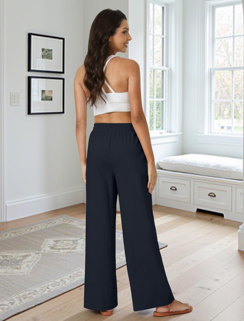 FireSwan Womens Palazzo Pants Casual Drawstring Flowy Pants Wide Leg Summer Beach Linen Trousers with Pockets Navy - Image 4