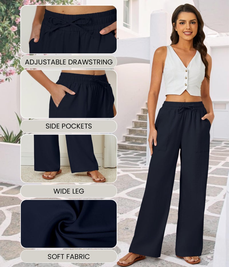 FireSwan Womens Palazzo Pants Casual Drawstring Flowy Pants Wide Leg Summer Beach Linen Trousers with Pockets Navy - Image 5