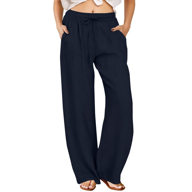 FireSwan Womens Palazzo Pants Casual Drawstring Flowy Pants Wide Leg Summer Beach Linen Trousers with Pockets Navy - Image 1