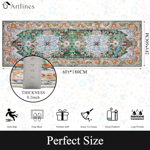 U'Artlines 2' x 6' Boho Hallway Runner Rug, Non Slip Washable Vintage Farmhouse Kitchen Rug Accent Area Carpet for Entryway Laundry and Living Room (Green) - Image 2
