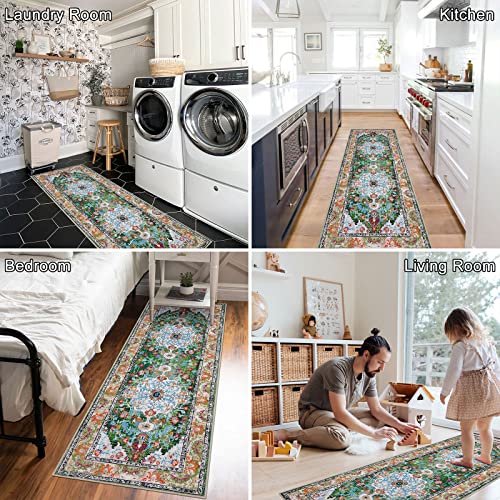 U'Artlines 2' x 6' Boho Hallway Runner Rug, Non Slip Washable Vintage Farmhouse Kitchen Rug Accent Area Carpet for Entryway Laundry and Living Room (Green) - Image 5