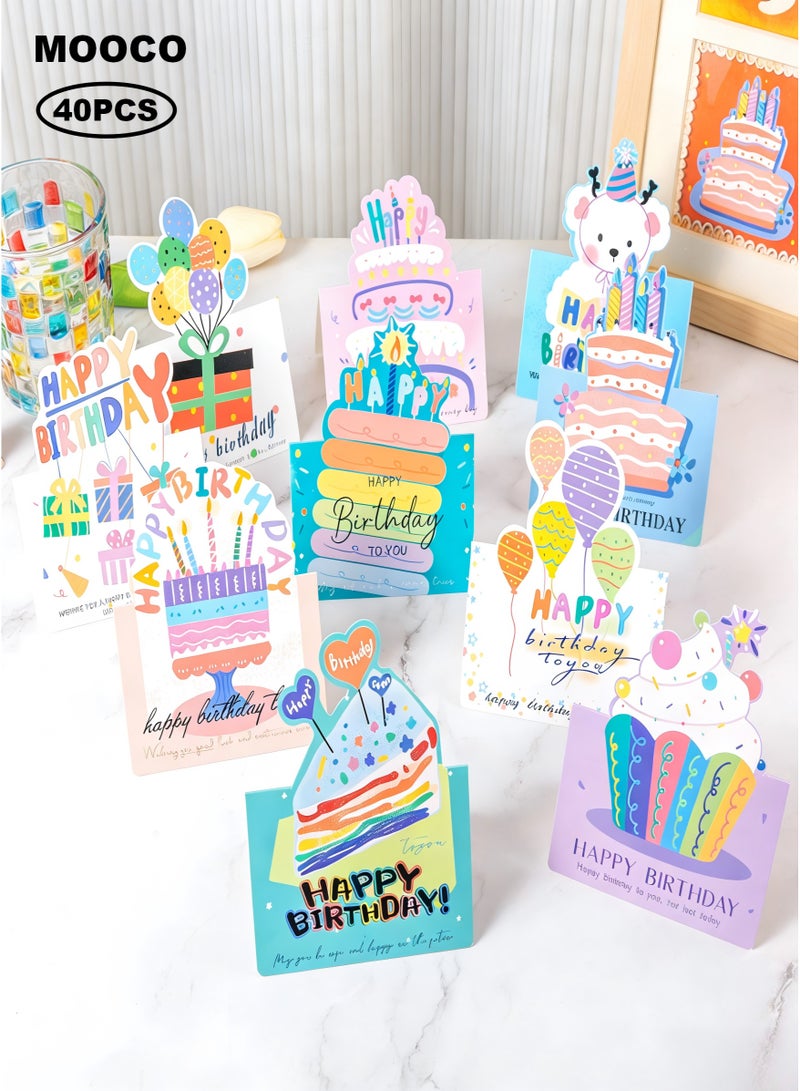 MOOCO 40PCS Birthday Cards,3D Cake Birthday Postcard,Birthday Party Greeting Card,Children's Birthday Party Decoration Cards, Greeting Birthday Cards Set for Family, Kids, Friends, Her /Him /Women/ Men,Cute - Image 1
