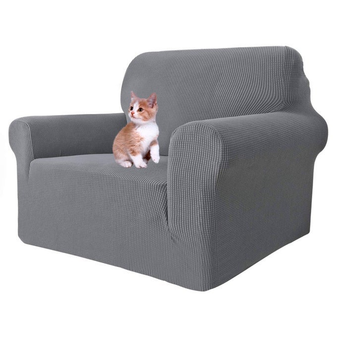 STRETCH CHAIR COVER CHAIR SLIPCOVERS WITH ARMS 1PIECE COUCH SOFA CHAIR COVERS FOR LIVING ROOM NON SLIP ARMCHAIR COVER 3146 FURNITURE PROTECTOR DOGS PET FRIENDLY CHAIR LIGHT GREY