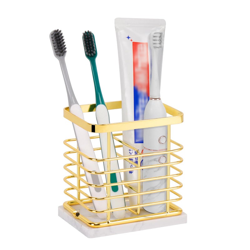 HarJue Toothbrush Holder Luxurious Metal Toothbrush Toothpaste Holder for Bathroom MultiSlots Openwork Design Bathroom Accessory for Storage and Organizer Marble Base2 Slots Gold