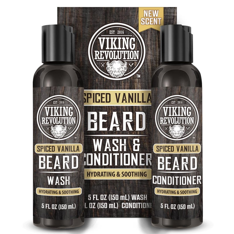 Viking Revolution Beard Wash and Beard Conditioner for Men with Argan Oil and Jojoba Oil Beard Softener and Strengthener Beard Care Beard Shampoo and Conditioner with Beard Oil 5oz Spiced Vanilla