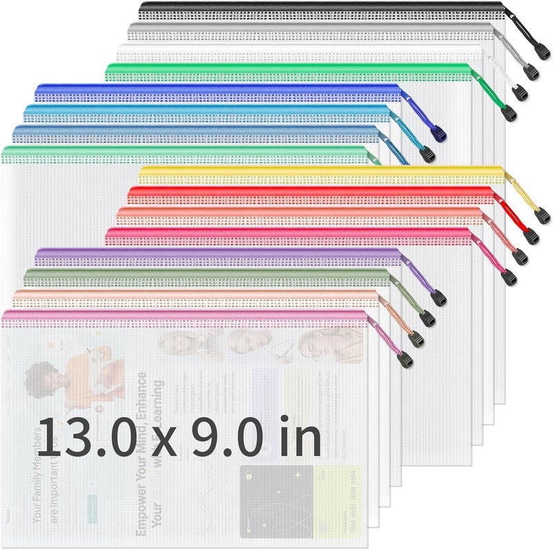 Umriox 16PCS Zipper Pouch, Mesh Bags with Zipper, 16 Color A4/Letter Size Pouches for Organization, Clear Zipper Pouches for Puzzles, Board Games, Craft Projects - Image 1