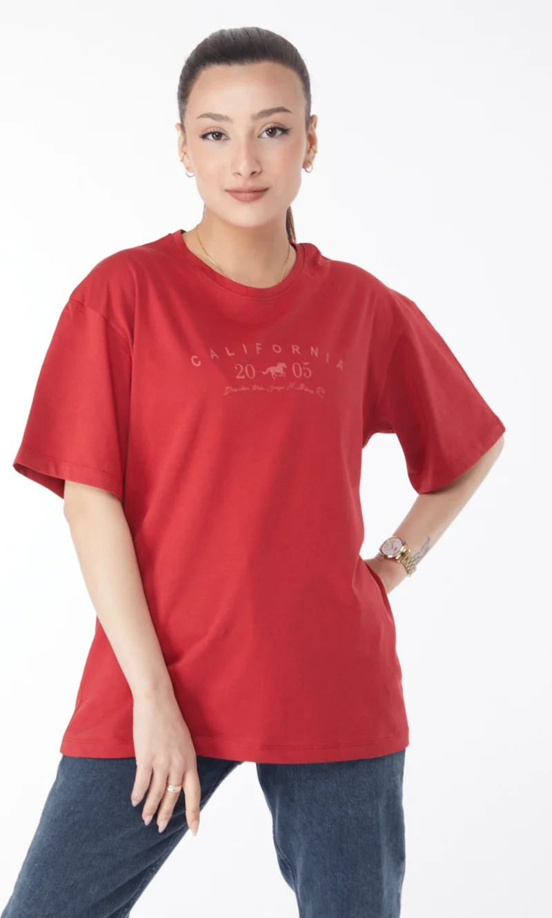 Tofisa 24632-RED Crew Neck Short Sleeve Printed T-Shirt