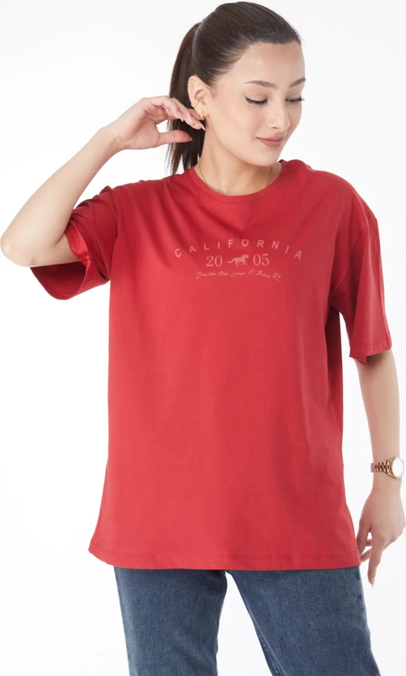 Tofisa 24632-RED Crew Neck Short Sleeve Printed T-Shirt