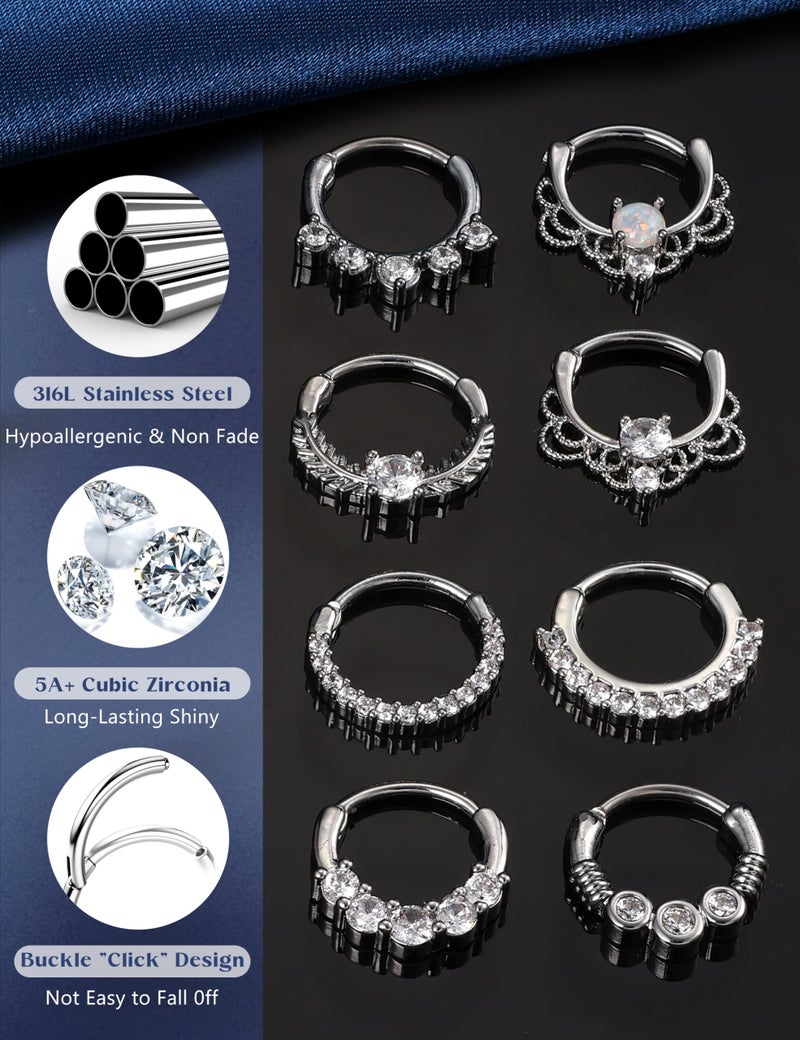 LOYALLOOK حلقة أنف LOYALLOOK 8 قطع 16G من الفولاذ المقاوم للصدأ CZ أوبال لثقب الغضروف والهيليكس والتراجس وحلقة ديث وحلقات الأنف وحلقة مقسمة مفصلية 10 مم - Image 4