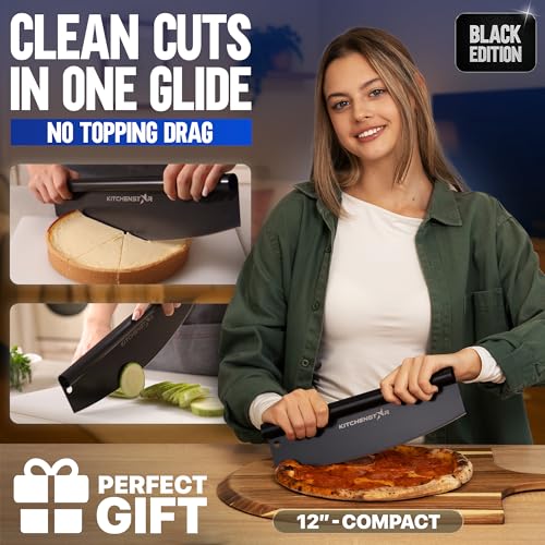 kitchen-star KitchenStar 12-Inch Pizza Cutter Rocker Blade - Sharp Stainless Steel Slicer Knife, Protective Cover, Black, Small - Professional Pizza Oven Accessories - Image 2