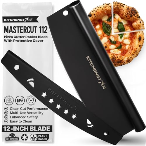 kitchen-star KitchenStar 12-Inch Pizza Cutter Rocker Blade - Sharp Stainless Steel Slicer Knife, Protective Cover, Black, Small - Professional Pizza Oven Accessories - Image 1