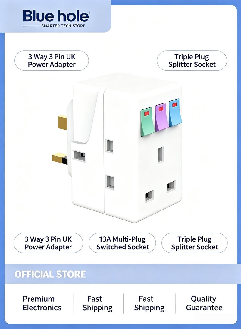 BlueHole 3 Way 3 Pin UK Power Adapter Plug, Triple Plug Splitter Socket With Independent Switch, 13A Multi-Plug Switched Wall Extension Block Socket Adapter, 3 Way Electric Surge Protected Cube Plug Adapter - Image 1