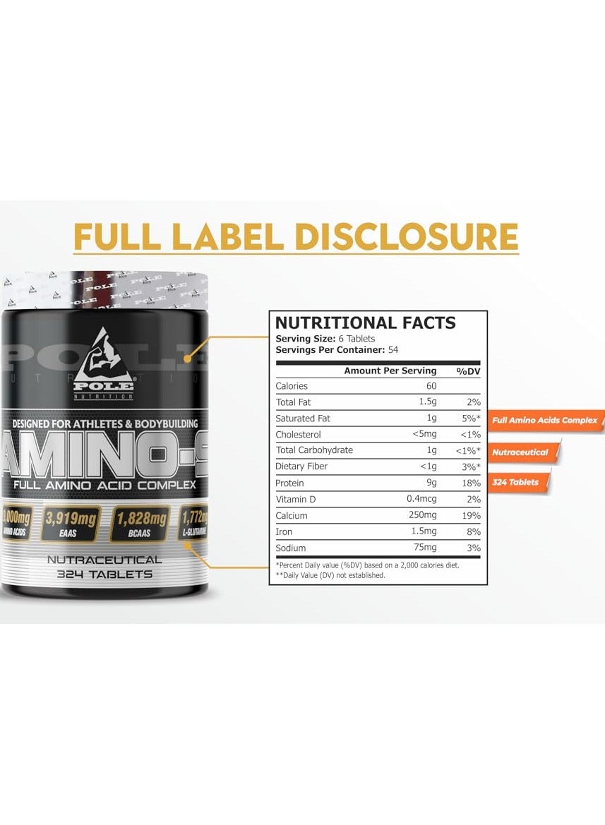 Pole Nutrition Amino 9 9000mg Full Amino Acid Complex Muscle Recovery & Performance Boost Tablets 324'S
