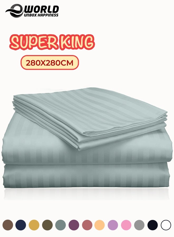 Eworld 3 Piece Super King Pastel Green Striped Bed Sheet Set – Ultra-Soft Microfiber Striped Sheet & 2 Pillowcases, Breathable Luxury Bedding for Home & Hotel Use - Image 1