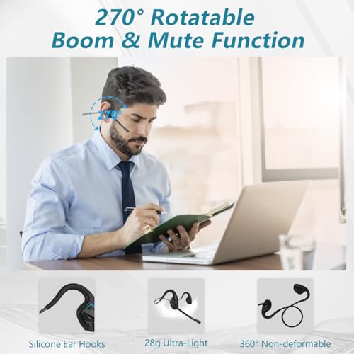 BANIGIPA Bluetooth Headset with Boom Microphone, Open Ear Headphones w/Noise Canceling Mic, Wireless Headset for Phone Laptop PC Computer, Light and Comfortable for Office Meeting Home Working-10 Hrs - Image 4