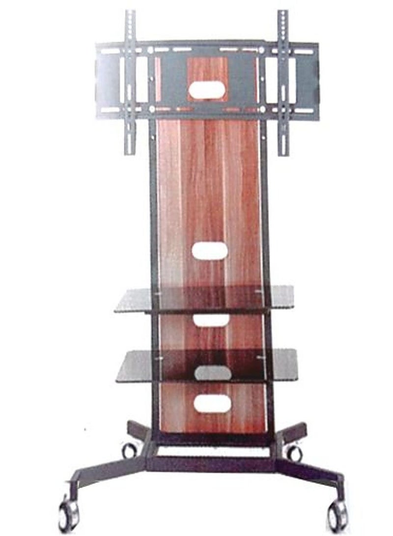 AL WADI FURNITURE Muvi Portable Movable Mobile Rolling Wheels Wooden Steel TV Mount Stand With 2 Tier Tempered Glass Shelves, Oak Brown, 120H x 90W x 45D cm - Image 3