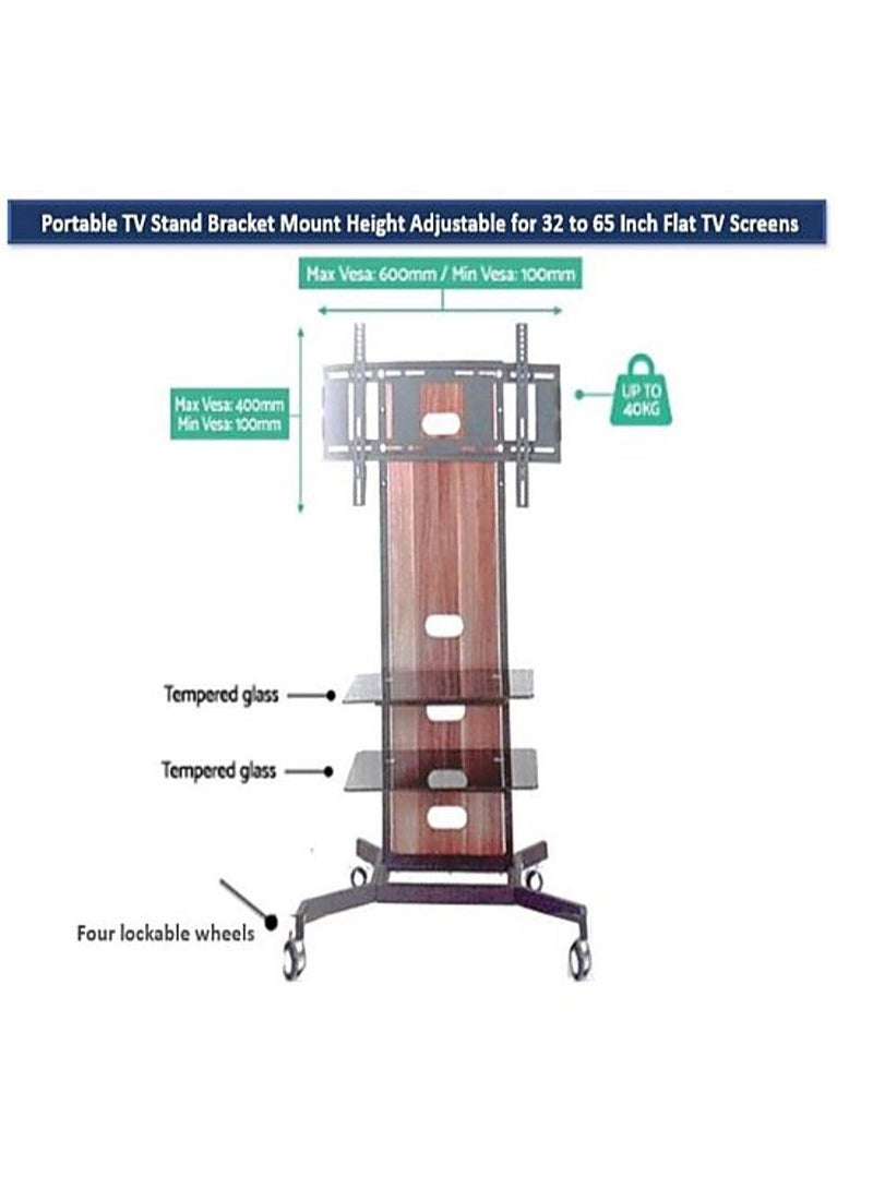 AL WADI FURNITURE Muvi Portable Movable Mobile Rolling Wheels Wooden Steel TV Mount Stand With 2 Tier Tempered Glass Shelves, Oak Brown, 120H x 90W x 45D cm - Image 2