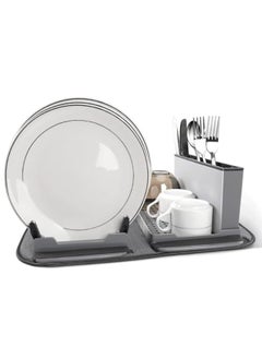 FALMER Durable Plastic Dish Drainer with Cutlery Holder and Microfiber Dish Drying Mat, Grey  - Image 1