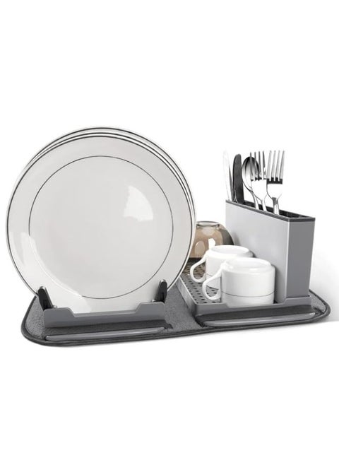 Durable Plastic Dish Drainer with Cutlery Holder and Microfiber Dish Drying Mat, Grey