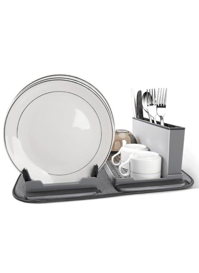 FALMER Durable Plastic Dish Drainer with Cutlery Holder and Microfiber Dish Drying Mat, Grey  - Image 1