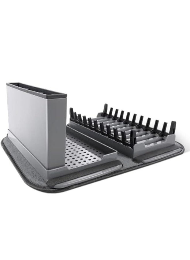 FALMER Durable Plastic Dish Drainer with Cutlery Holder and Microfiber Dish Drying Mat, Grey  - Image 2