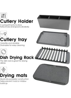 FALMER Durable Plastic Dish Drainer with Cutlery Holder and Microfiber Dish Drying Mat, Grey  - Image 3