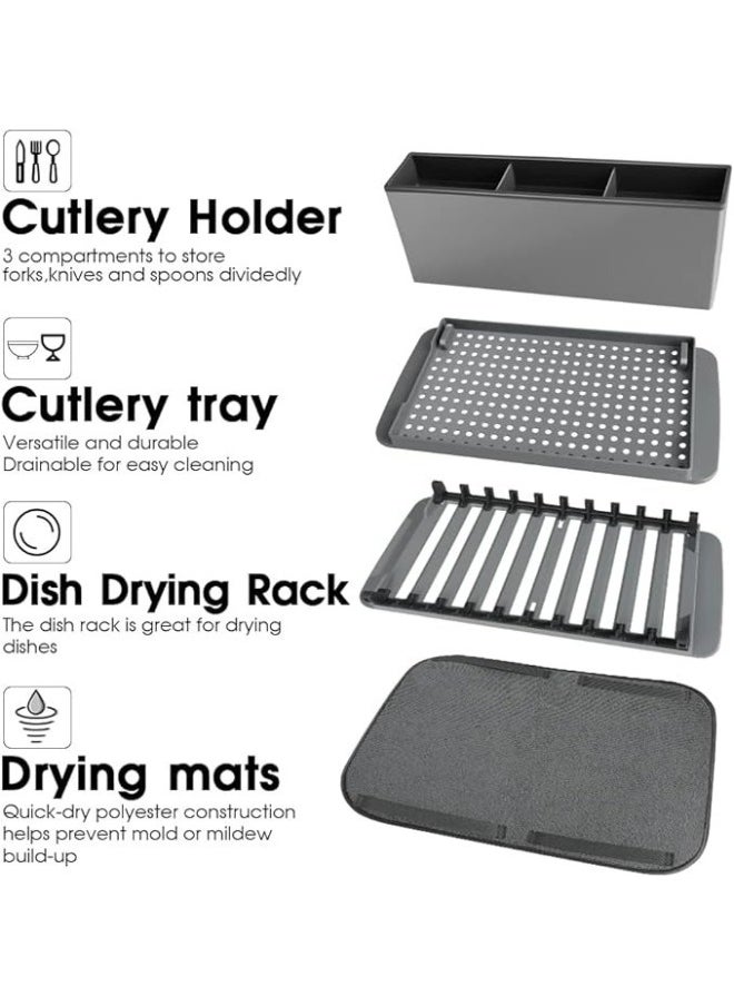 FALMER Durable Plastic Dish Drainer with Cutlery Holder and Microfiber Dish Drying Mat, Grey  - Image 3