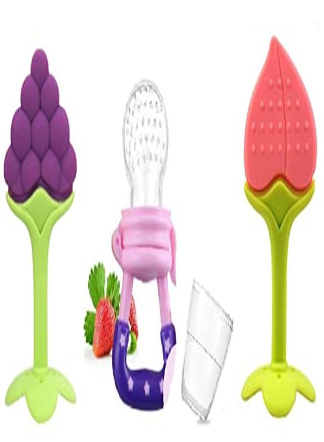 ROFORUF Silicon Baby Teething Toys for Newborn Infant BPA Free Natural Organic Nipple Teethers for Newborn Infant 2 PC, Babies/Silicone Fruit Feeder/Pacifier 1 PC (2 Teether 1 Fruit Feeder) - Image 1
