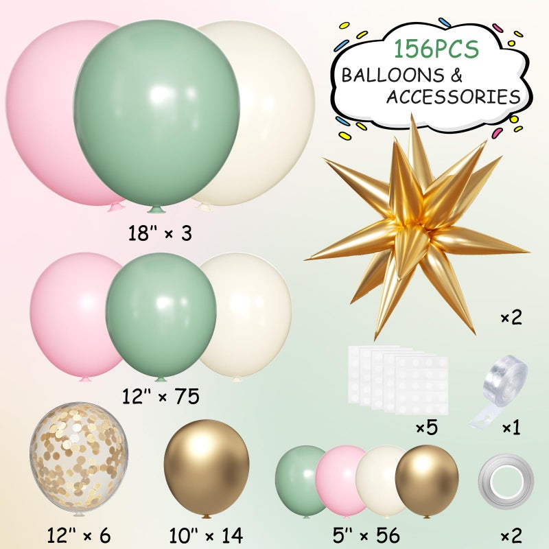 MEBAY Sage Green Pink and Gold Balloon Arch Kit, 156Pcs Blush Pastel Pink and Green Garland with White Sand Metalic Gold 4D Star Balloons for Boho Girls Woodland Baby Shower Wedding Birthday - Image 2