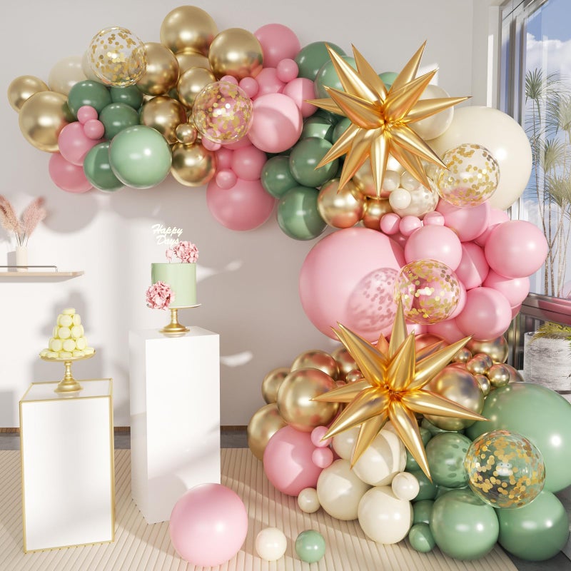 MEBAY Sage Green Pink and Gold Balloon Arch Kit, 156Pcs Blush Pastel Pink and Green Garland with White Sand Metalic Gold 4D Star Balloons for Boho Girls Woodland Baby Shower Wedding Birthday - Image 1