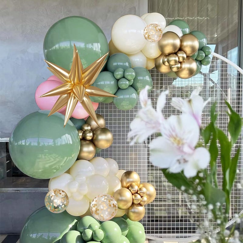 MEBAY Sage Green Pink and Gold Balloon Arch Kit, 156Pcs Blush Pastel Pink and Green Garland with White Sand Metalic Gold 4D Star Balloons for Boho Girls Woodland Baby Shower Wedding Birthday - Image 4